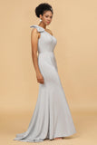 Grey Mermaid One Shoulder Satin Bridesmaid Dress With Bowknot