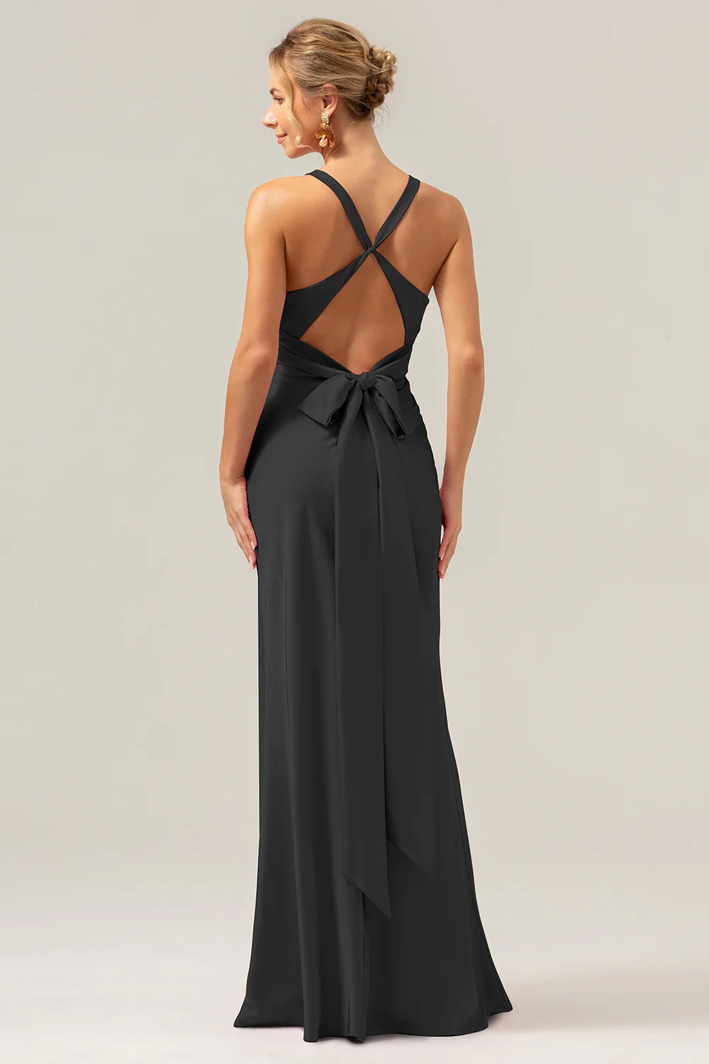 Pink Mermaid Deep V Neck Ruched Long Bridesmaid Dress with Lace Up Back