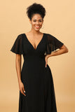 Black A Line V Neck Long Chiffon Floor Length Dress with Slit