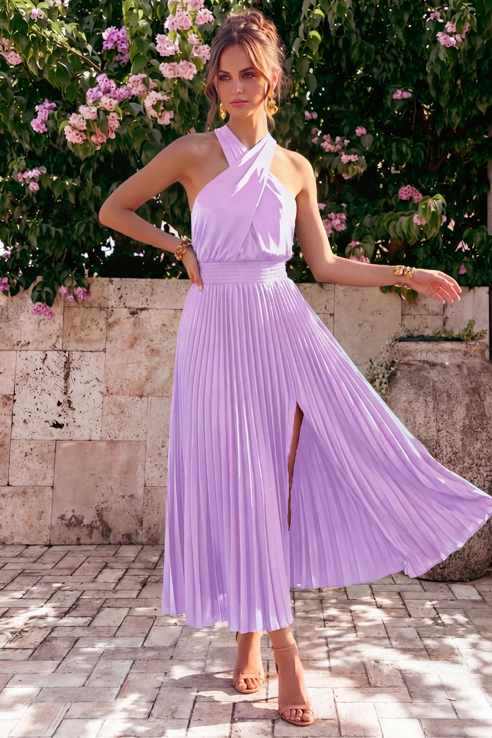Black Halter Pleated A Line Wedding Guest Dress with Slit