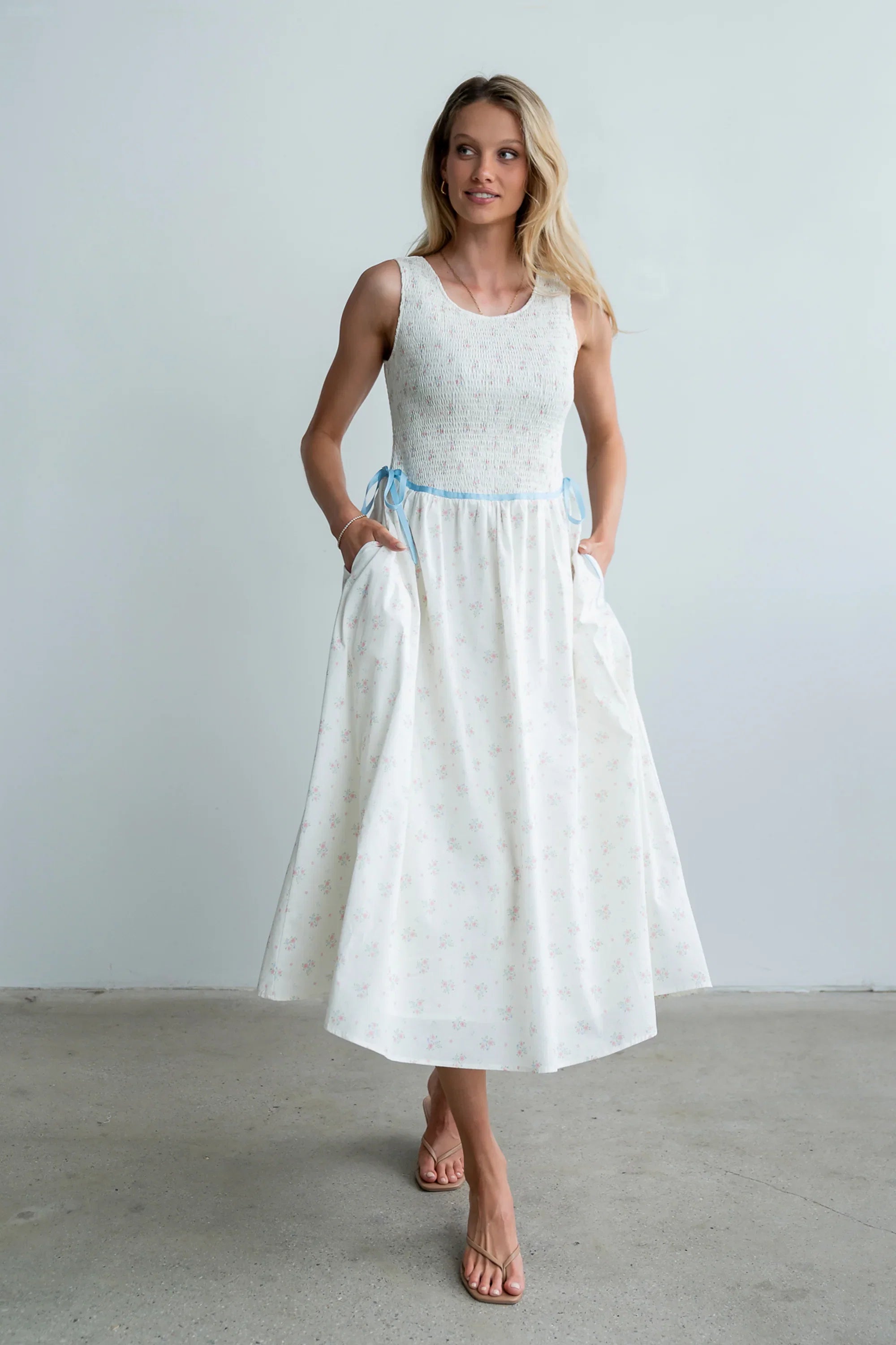 Kammie Smocked Midi Dress in Cream