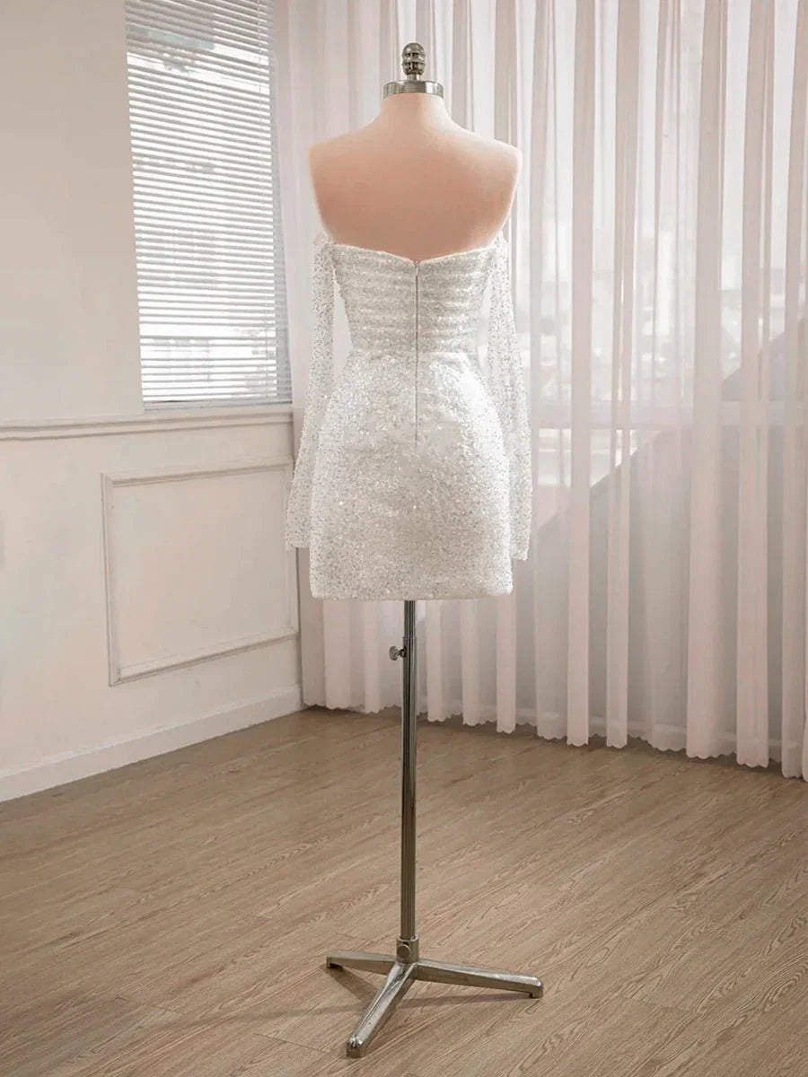 Chic Short Sequined Backless Wedding Dress With Long Detachable Sleeves