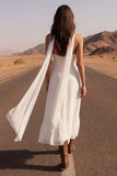 Ivory A Line Pleated Midi Engagement Dress with Slit