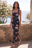 Black Square Neck Ruched Floral Wedding Guest Dress