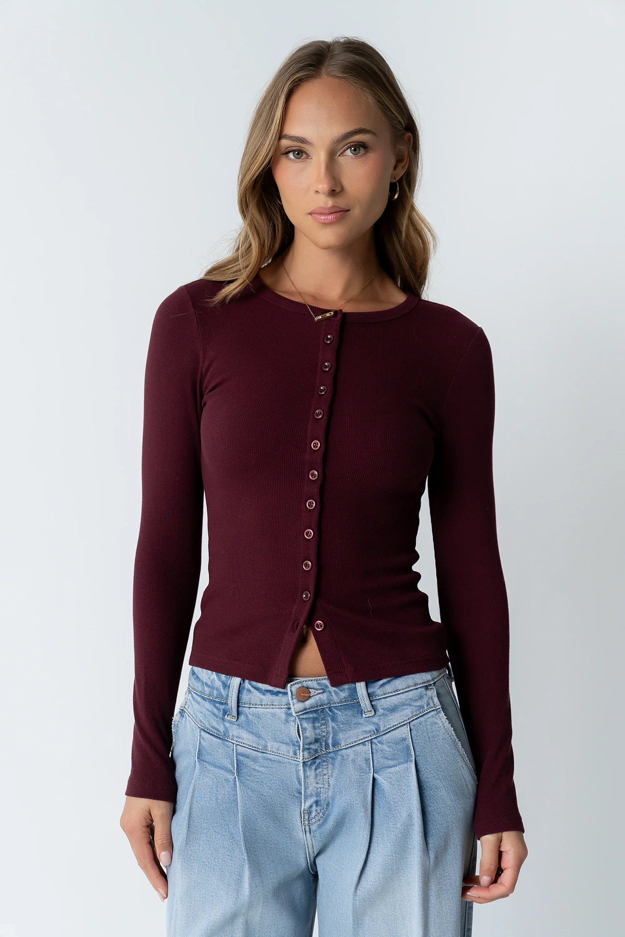 Mia Button Up Top in Burgundy