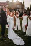 White Off Shoulder Satin Pleats Long Bridesmaid Dress with Slit