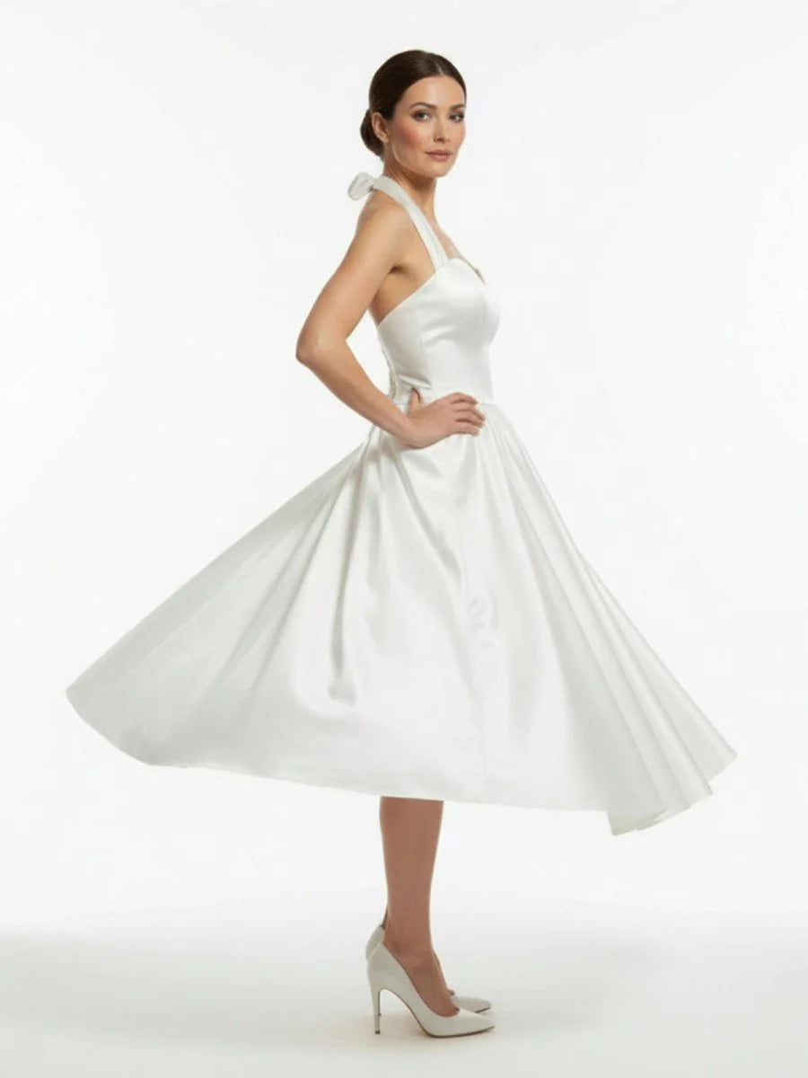 White A Line Halter Sleeveless Tea Length Satin Bridal Gowns With Bows Pleats
