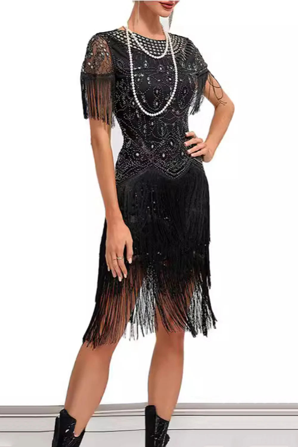 Apricot Fringed Sheath Midi 1920s Dress with Appliques