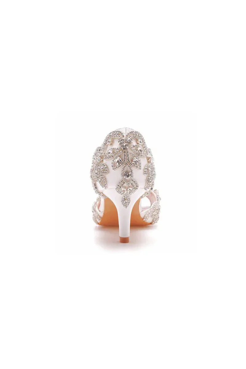 Peep Toe Satin Rhinestone Slip On High Heels