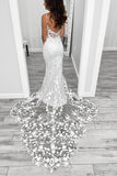 Sexy Satin V Neck Spaghetti Straps Illusion Lace Applique With Lace Train Wedding Dress