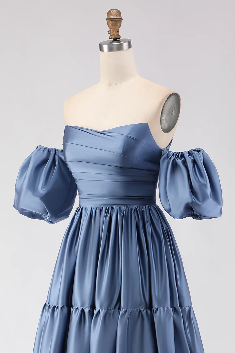 Off the Shoulder A Line Steel Blue Long Prom Dress with Removable Sleeves