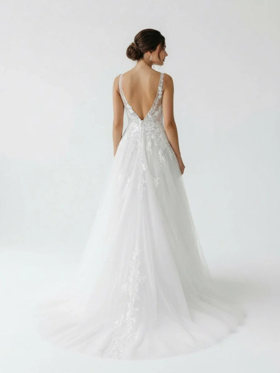 A Line V Back Long White Wedding Dress with Lace Appliqued