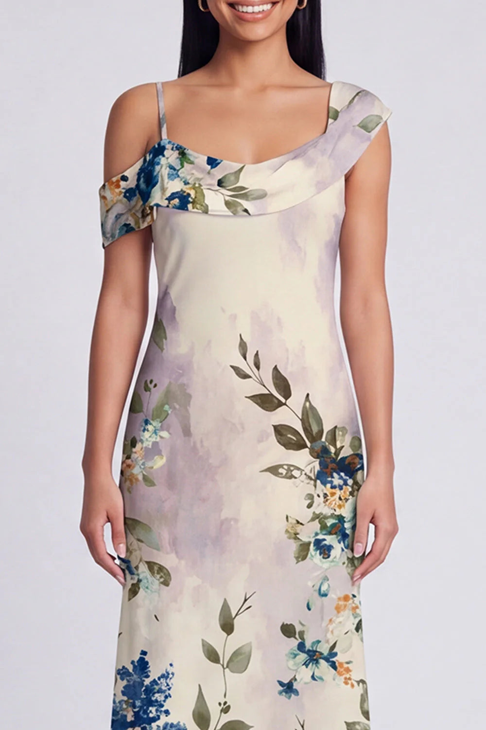 Champagne Asymmetrical Neck Floral Wedding Guest Dress