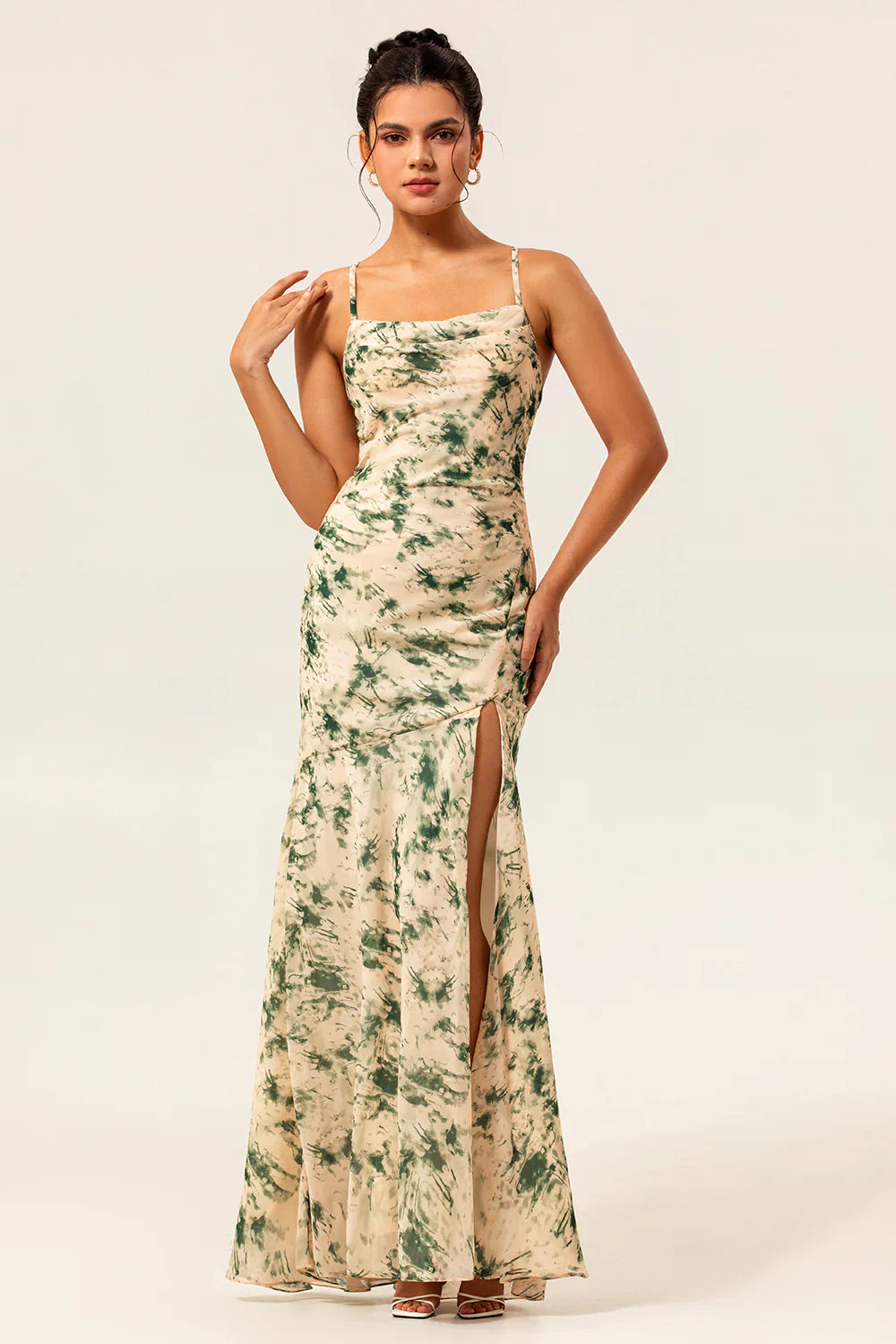 Champagne Sheath Backless Print Floral Long Bridesmaid Dress with Slit