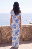 Blue Flower Off the Shoulder Wedding Guest Dress with Slit