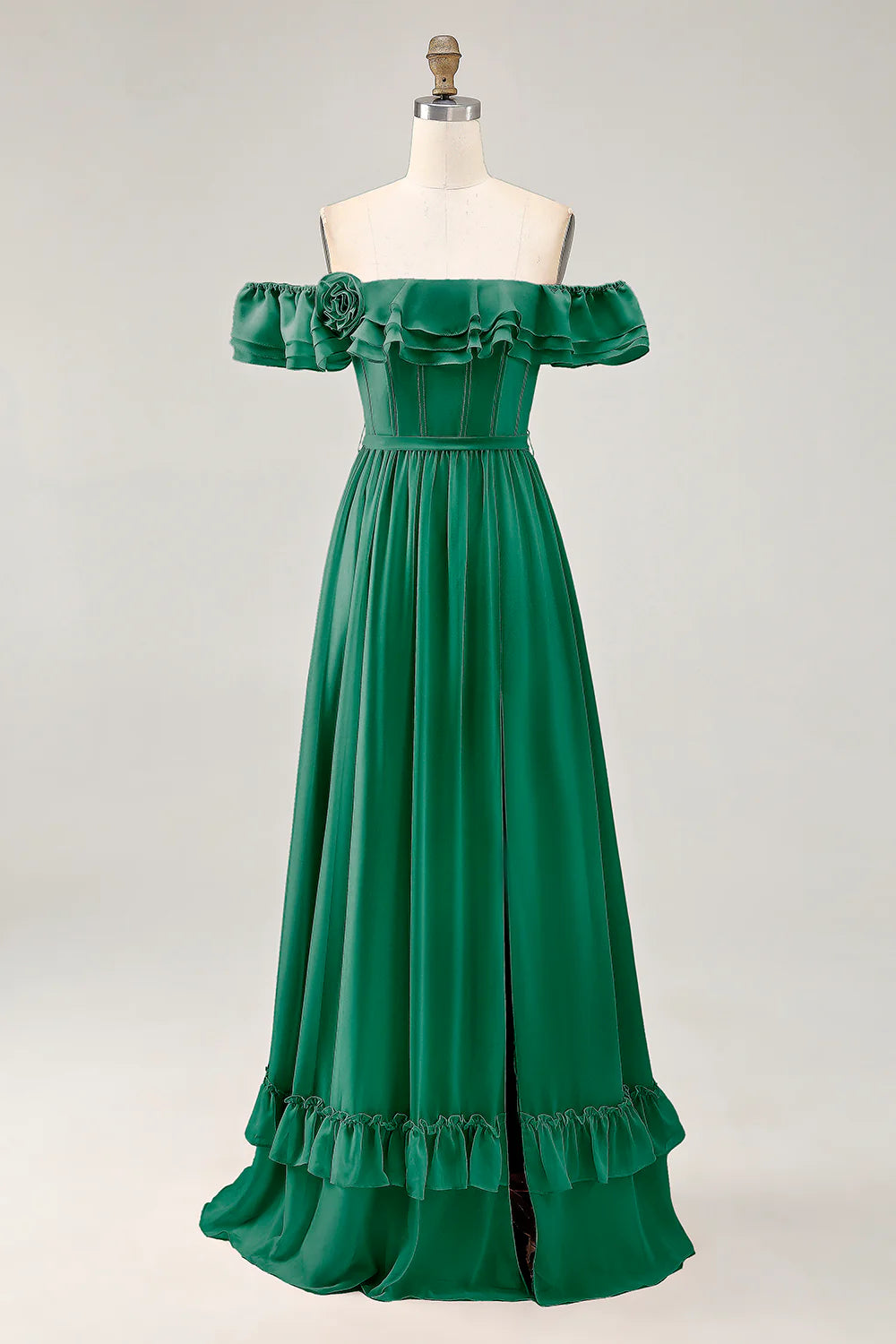 Dusty Sage A line Off The Shoulder Chiffon Long Bridesmaid Dress with Slit