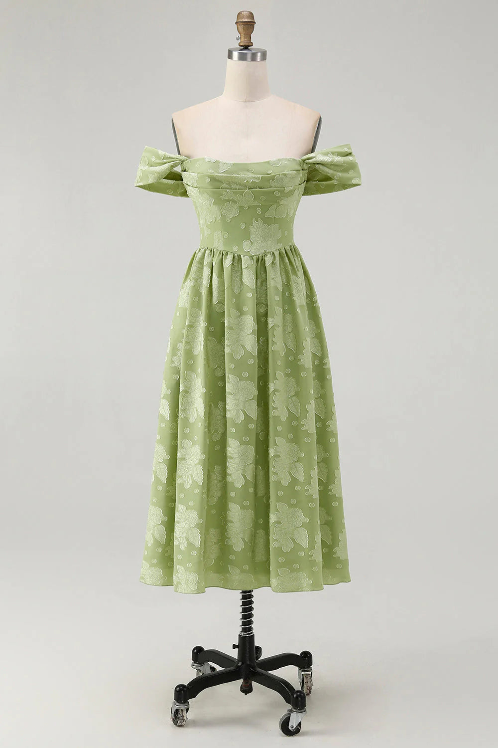 Sage Green Floral A Line Jacquard Off The Shoulder Midi Dress