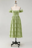 Sage Green Floral A Line Jacquard Off The Shoulder Midi Dress