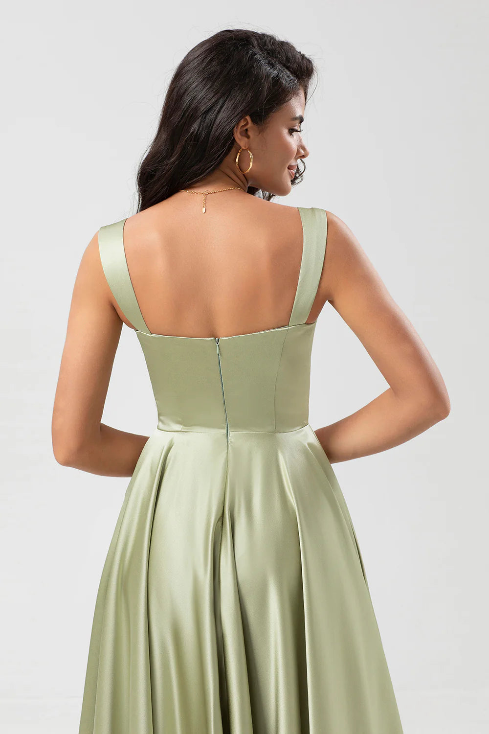 Dusty Sage A Line Square Neck Floor Length Satin Bridesmaid Dress with Pocket