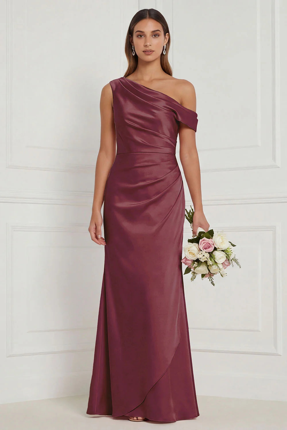 Burnt Orange Asymmetrical Neck Mermaid Ruched Satin Bridesmaid Dress