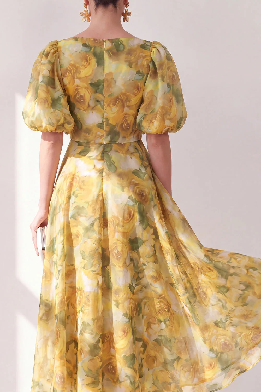 Yellow Floral A Line V Neck Wedding Guest Dress with Puff Sleeves