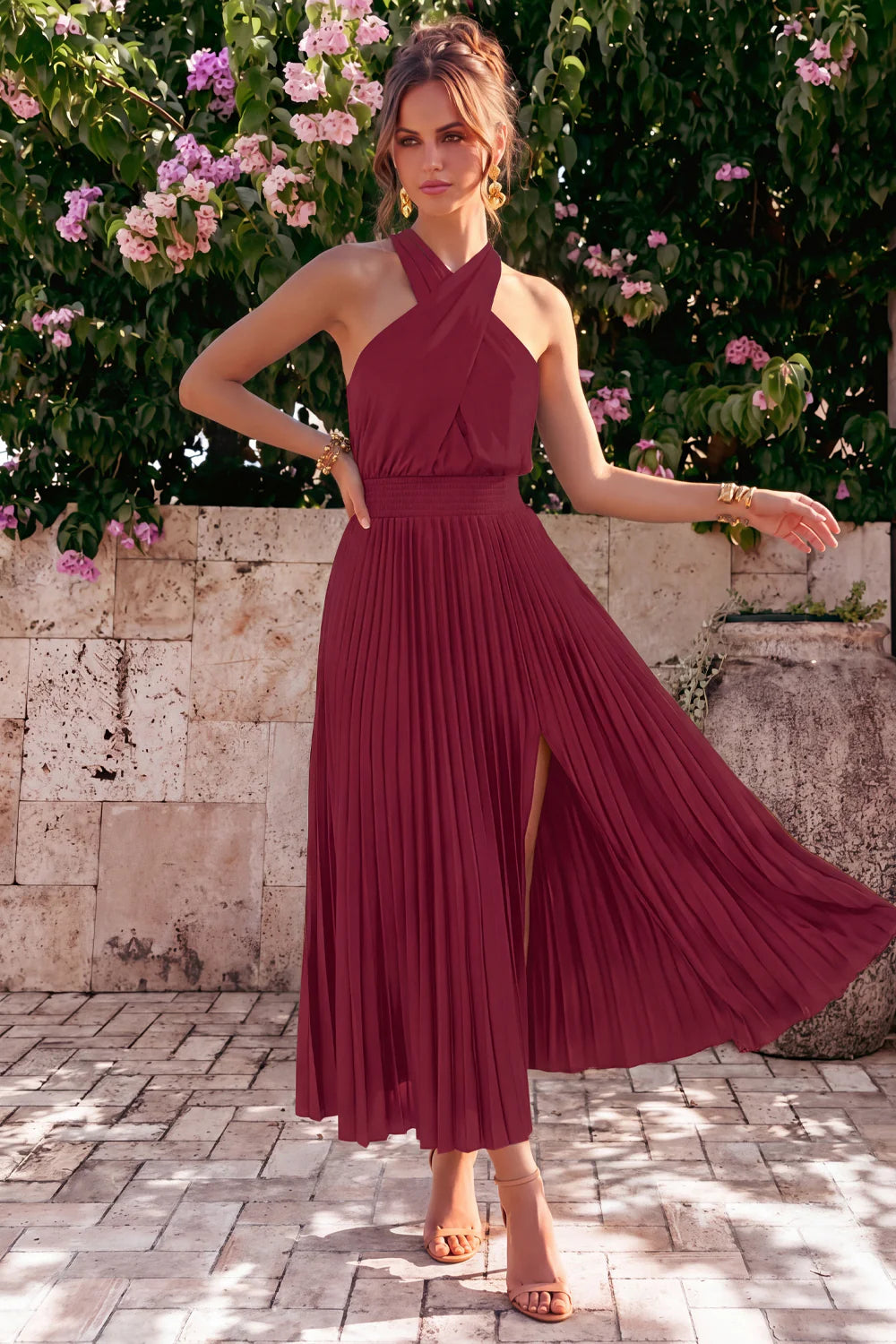 Black Halter Pleated A Line Wedding Guest Dress with Slit
