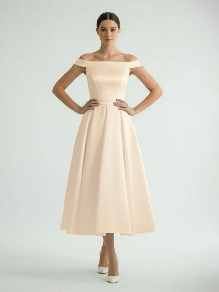 Sleeveless Tea Length Satin Wedding Dress With Sash And Off The Shoulder Neck