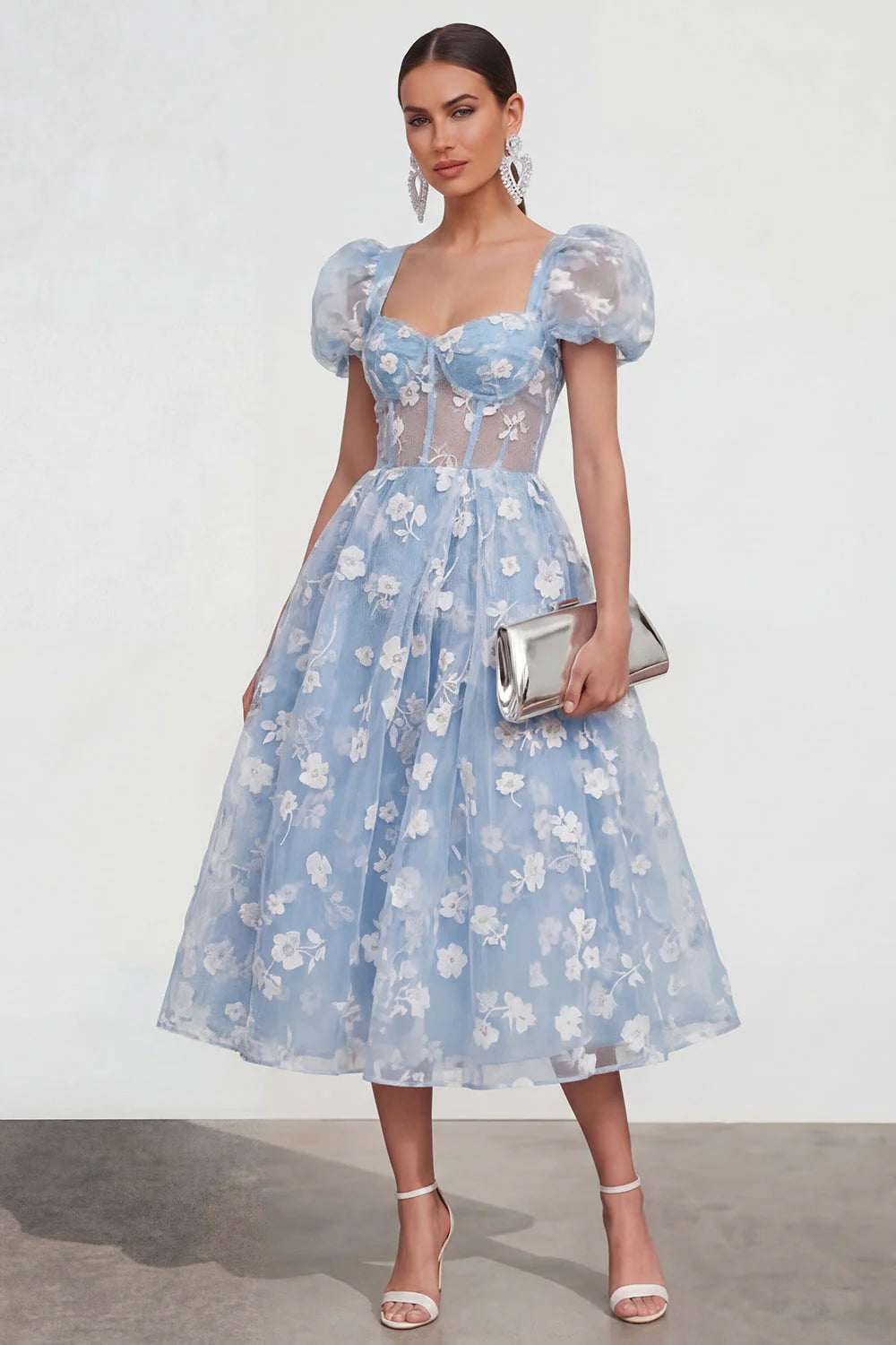 Floral Pink Puff Sleeve A Line Corset Wedding Guest Dress
