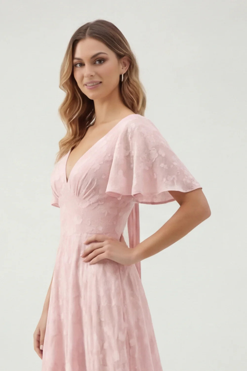 A Line Sage Green Floral Jacquard Flutter Sleeves Maxi Dress with Bow Back