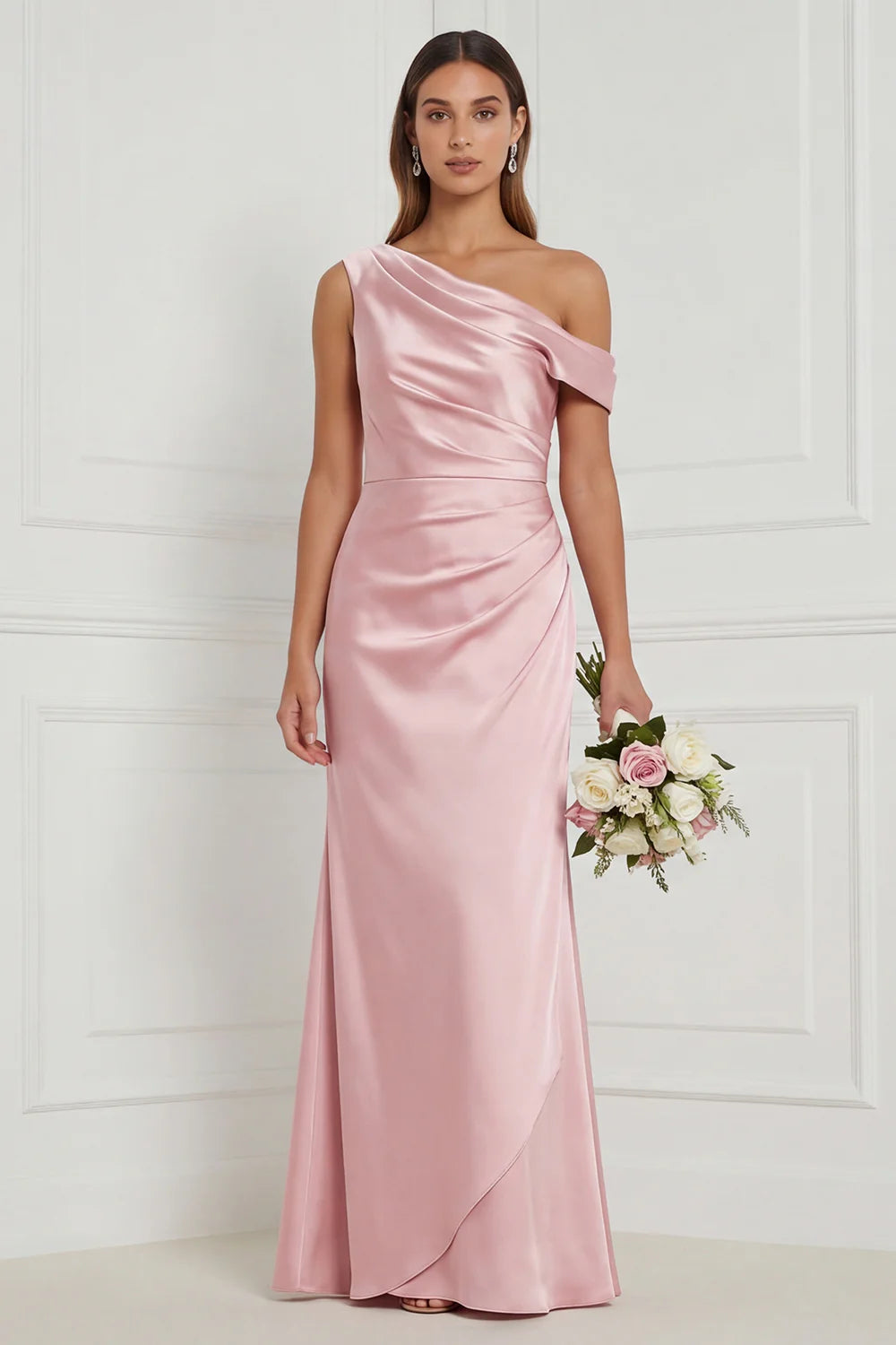 Burnt Orange Asymmetrical Neck Mermaid Ruched Satin Bridesmaid Dress