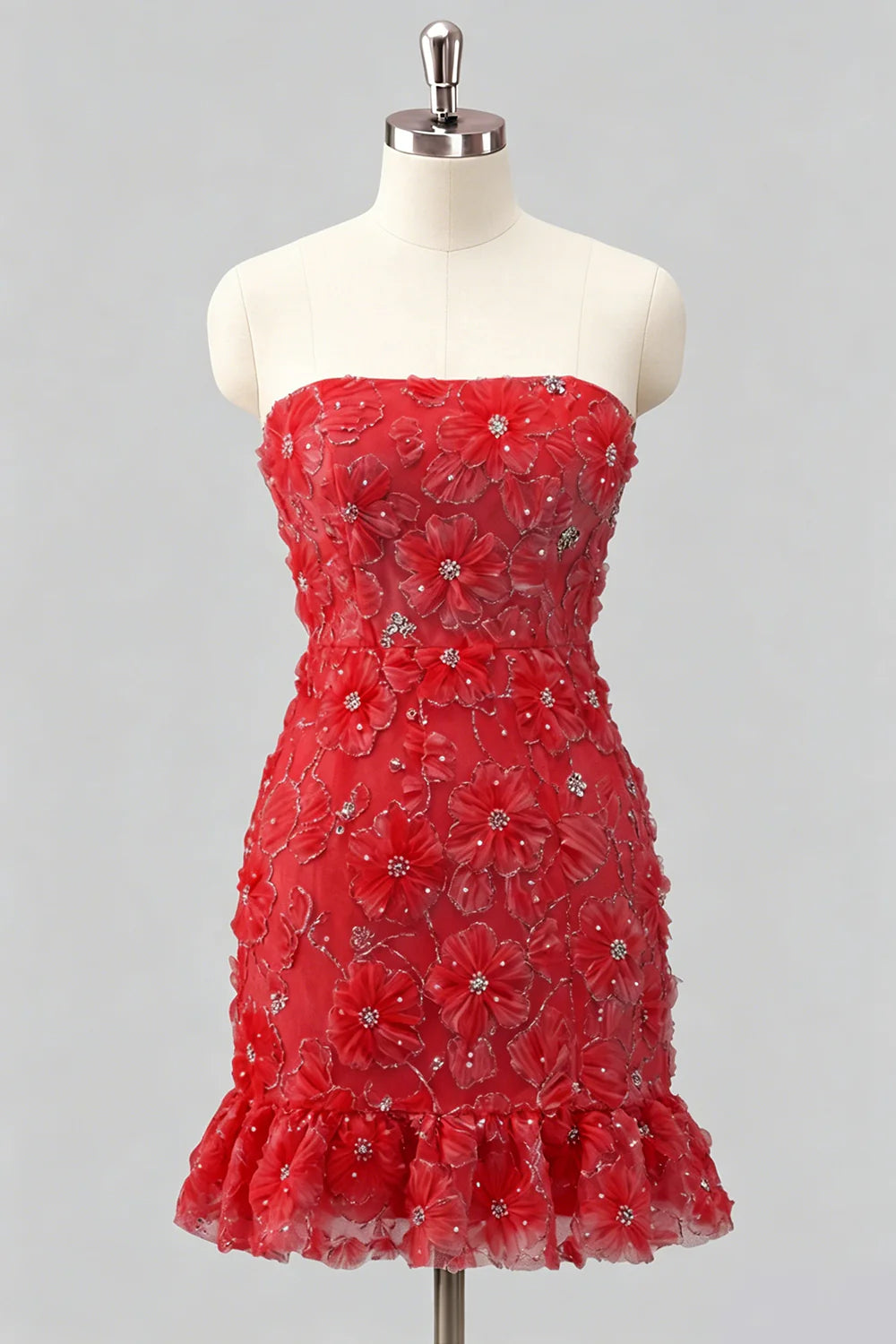 Light Blue Strapless Bodycon Beaded Short Homecoming Dress with 3D Flowers