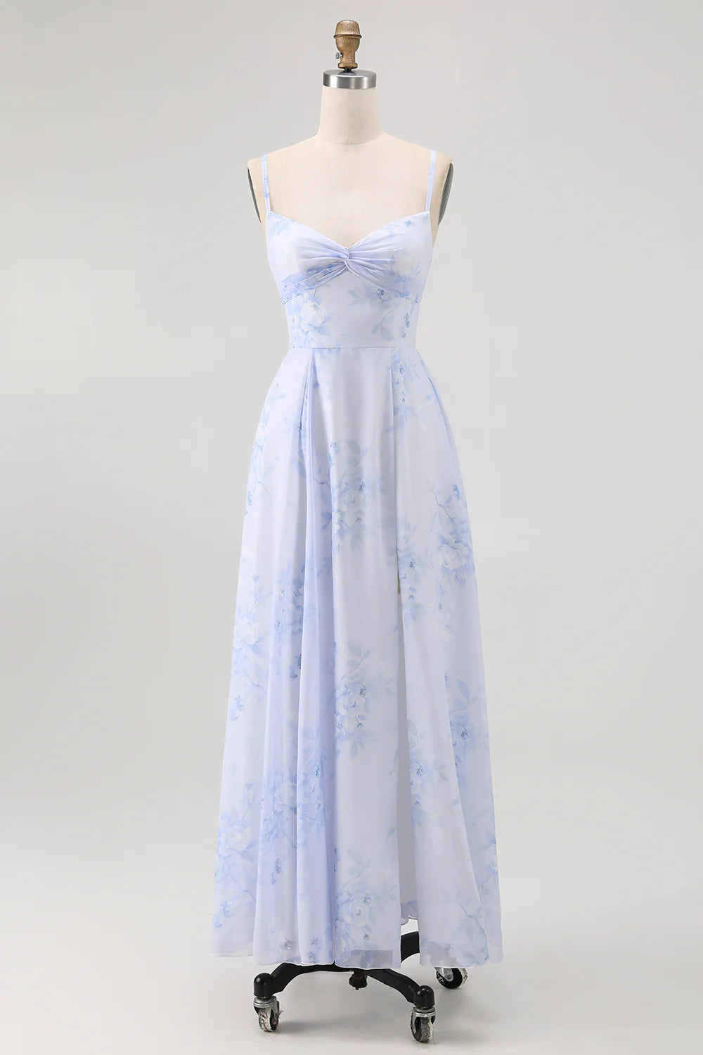 Blue Flower A Line Spaghetti Straps Backless Bridesmaid Dress