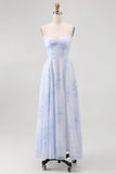 Blue Flower A Line Spaghetti Straps Backless Bridesmaid Dress
