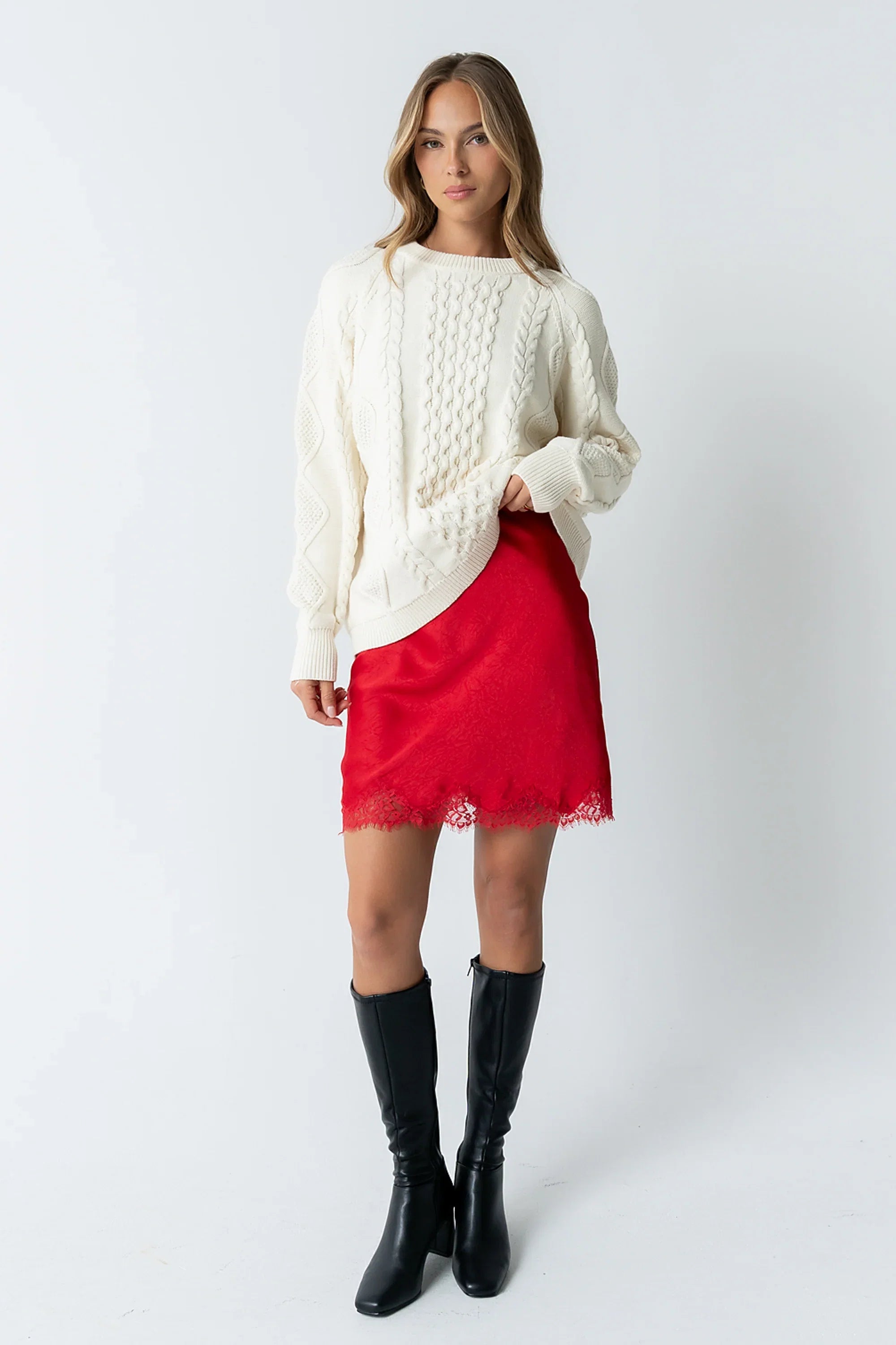 Harper Lace Trim Mini Skirt in Red