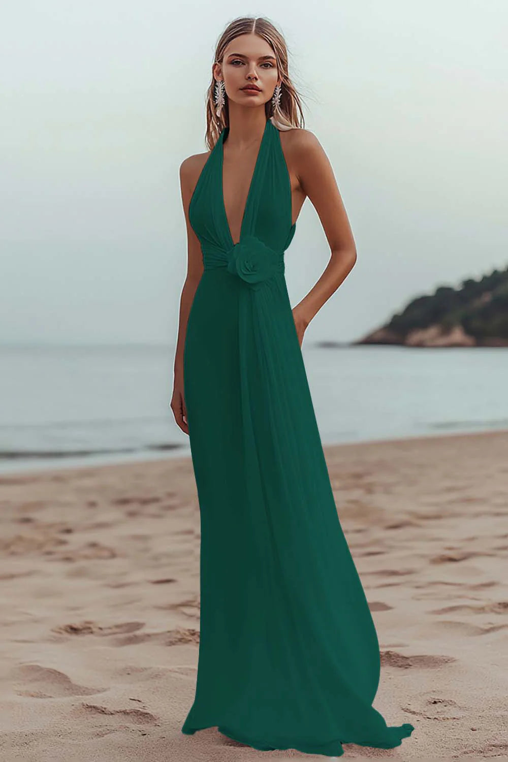 White A Line V Neck Engagement Dress With 3D Flowers