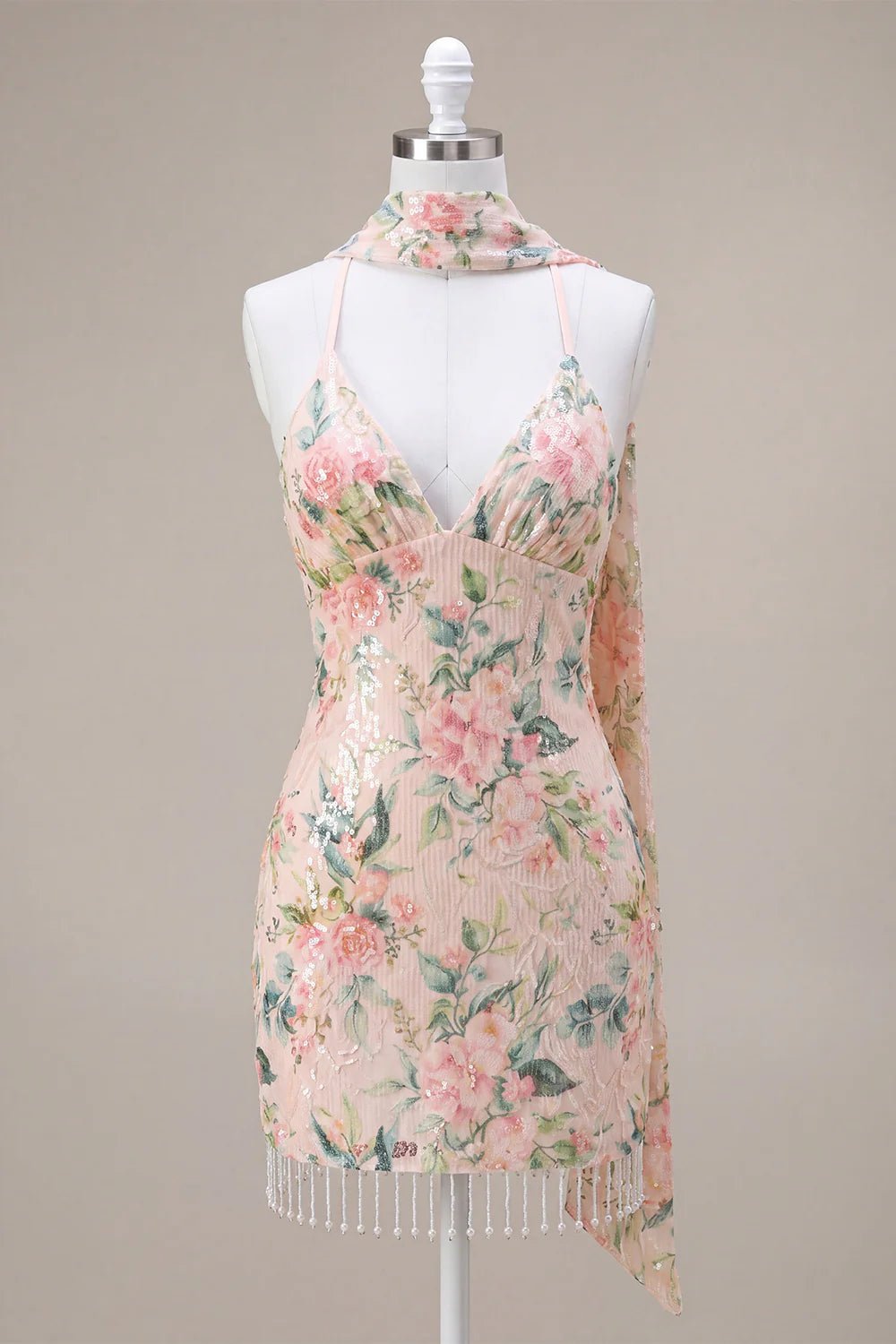 White Pink Flower Bodycon Fringed Sequin Homecoming Dress with Scarf