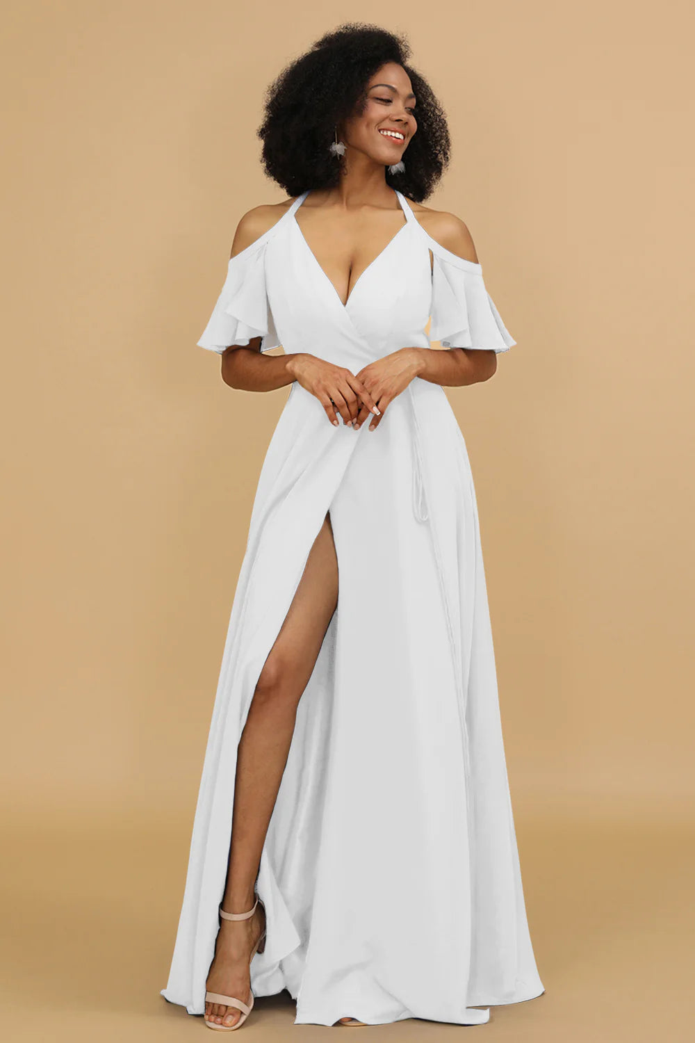 A Line Halter Cold Shoulder Chiffon Bridesmaid Dress with Slit