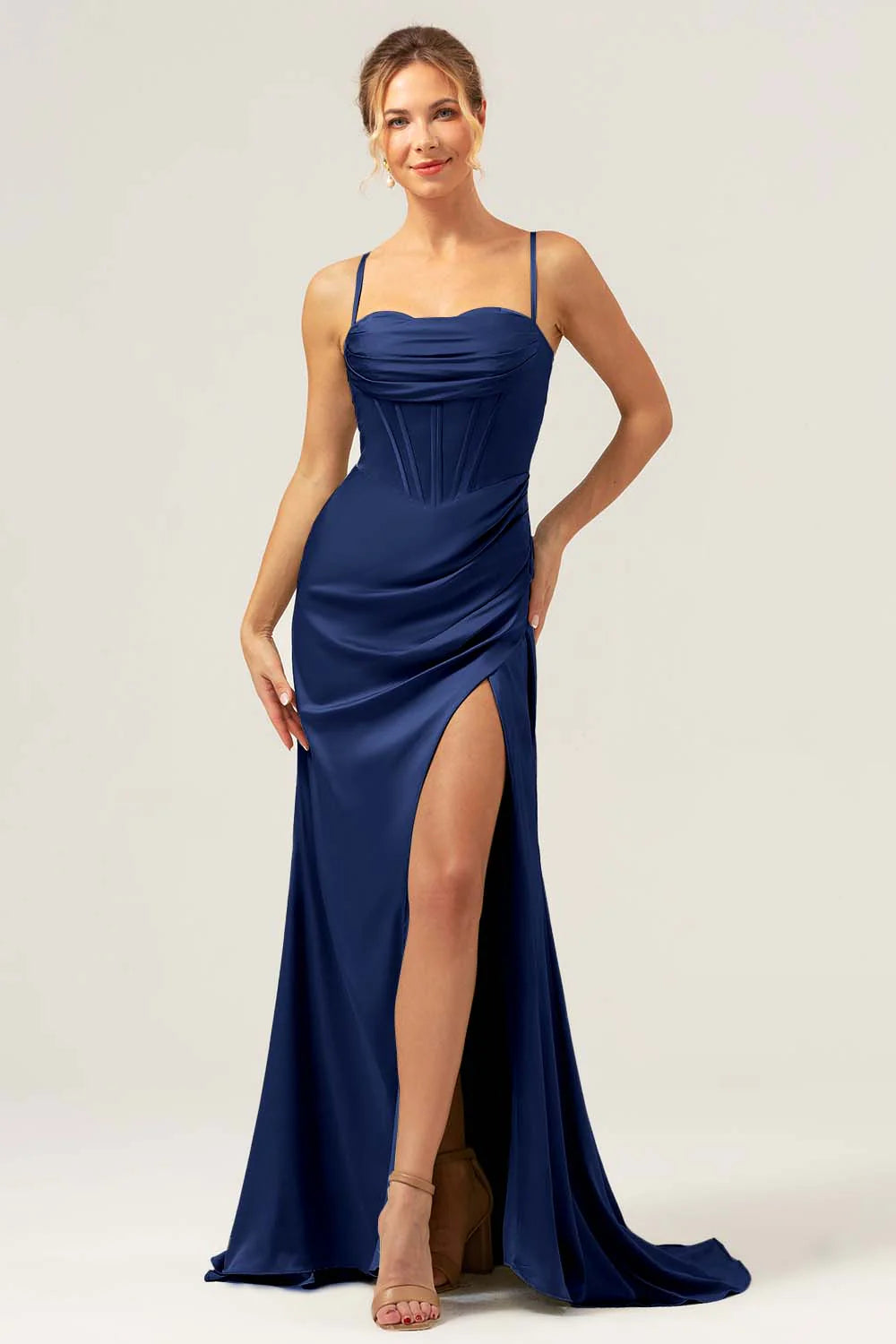 Martini Mermaid Cowl Neckline Ruched Corset Long Satin Bridesmaid Dress with Slit