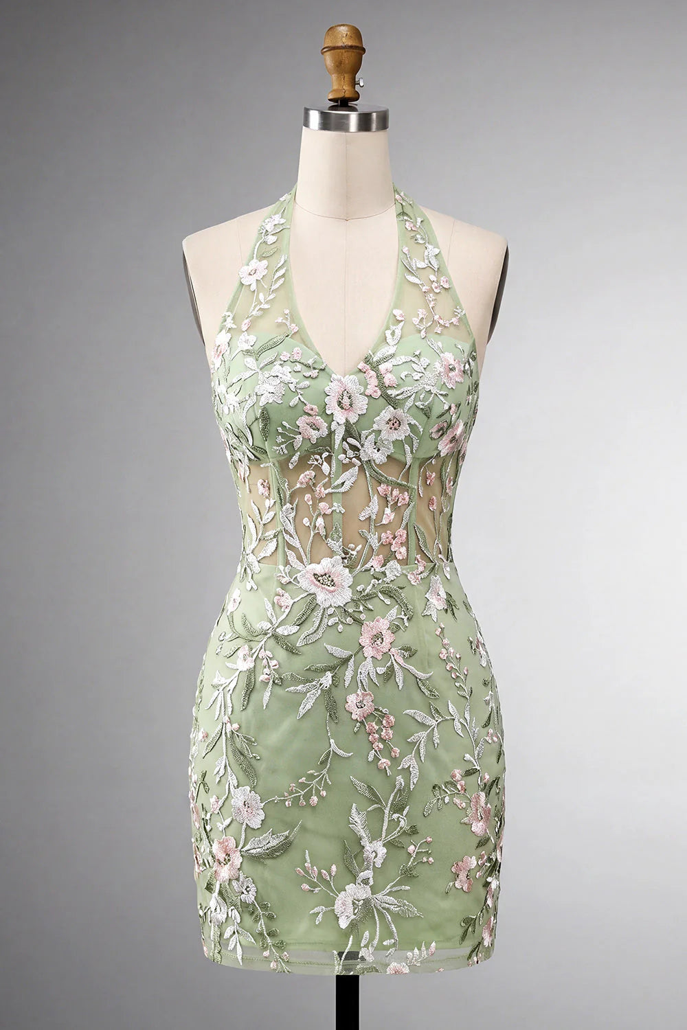 Sage Green Embroidered Halter Corset Bodycon Homecoming Dress
