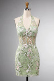Sage Green Embroidered Halter Corset Bodycon Homecoming Dress
