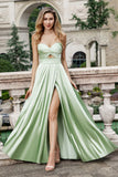 A Line Strapless Pleated Hollow Out Long Green Bridesmaid Dress With Slit