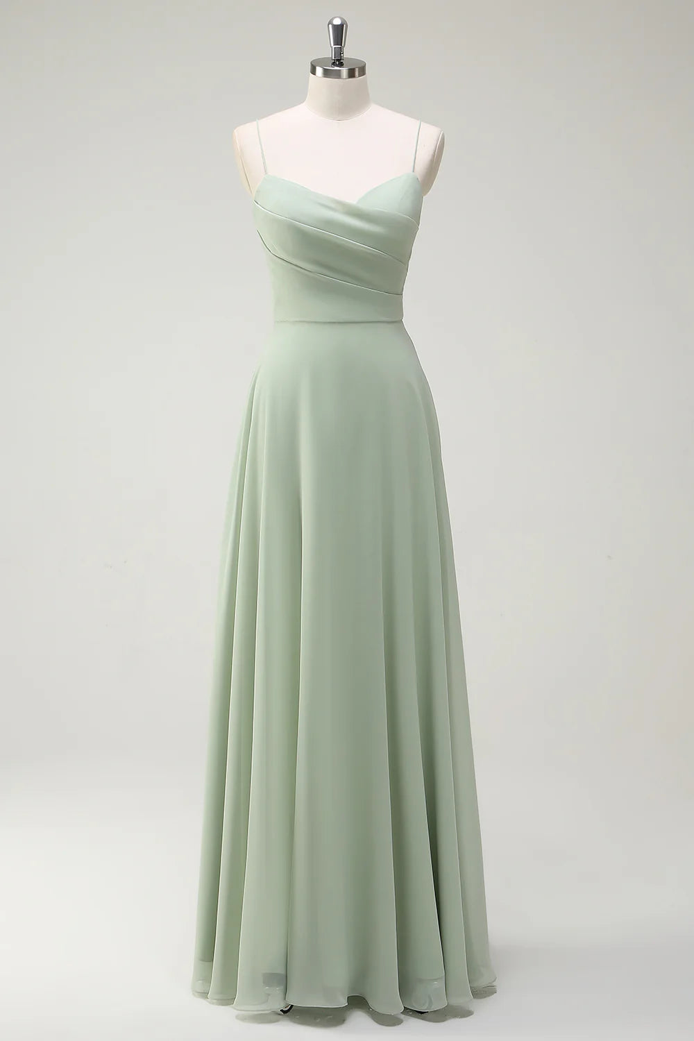 Dusty Sage A Line Spaghetti Straps Chiffon Pleated Long Bridesmaid Dress