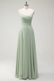 Dusty Sage A Line Spaghetti Straps Chiffon Pleated Long Bridesmaid Dress