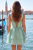 Sage Green V Neck A Line Homecoming Dress with Pearls