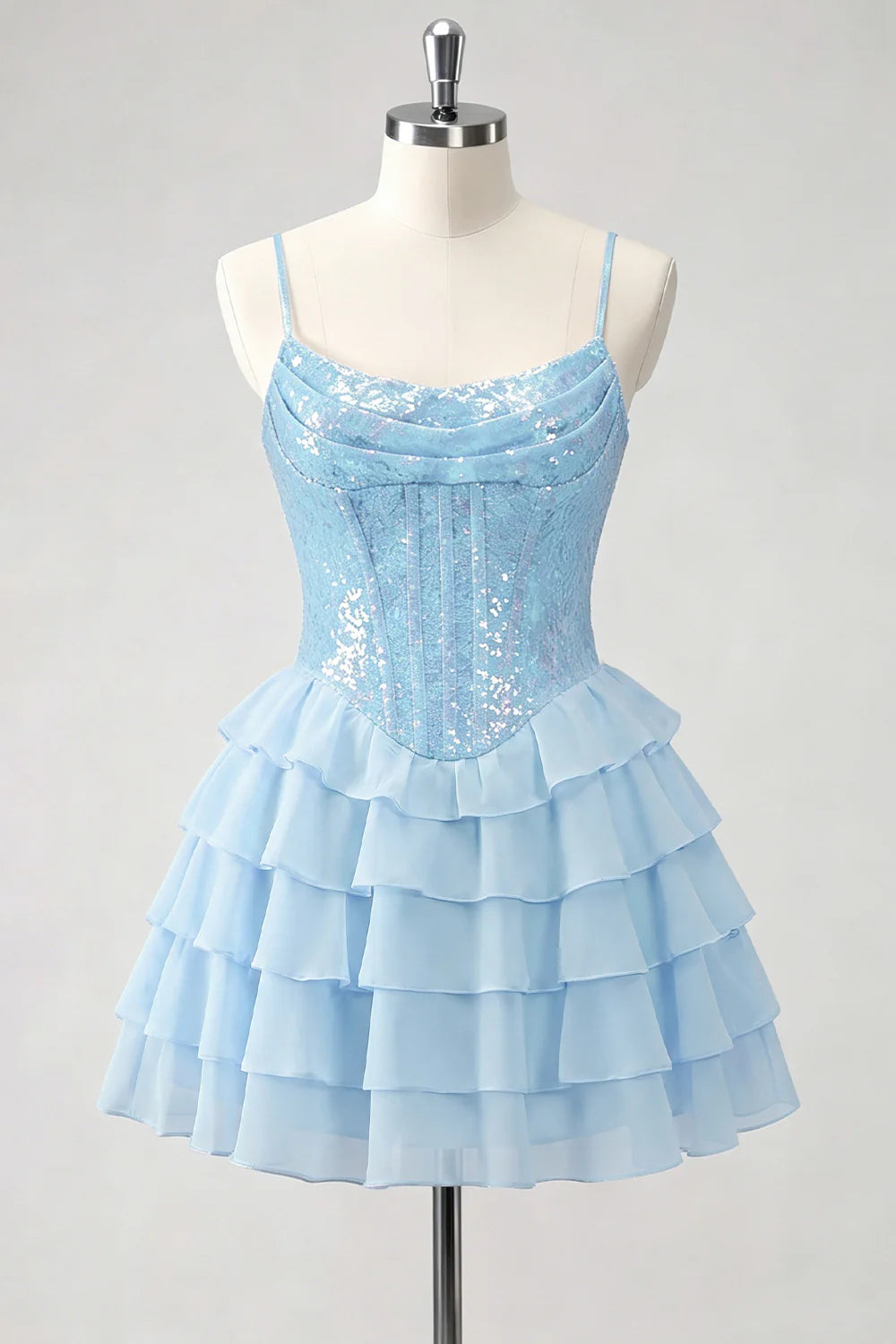 Champagne A Line Sequin Tiered Ruffle Short Homecoming Dress
