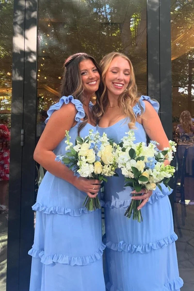 Ruffles Blue Chiffon A line Long Bridesmaid Dress