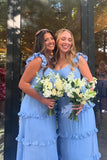 Ruffles Blue Chiffon A line Long Bridesmaid Dress