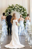 A line Strapless Printed Floarl Satin Long Bridesmaid Dresses