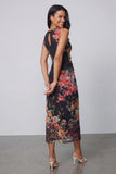 Black Floral Bateau Neck Ruched Midi Wedding Guest Dress