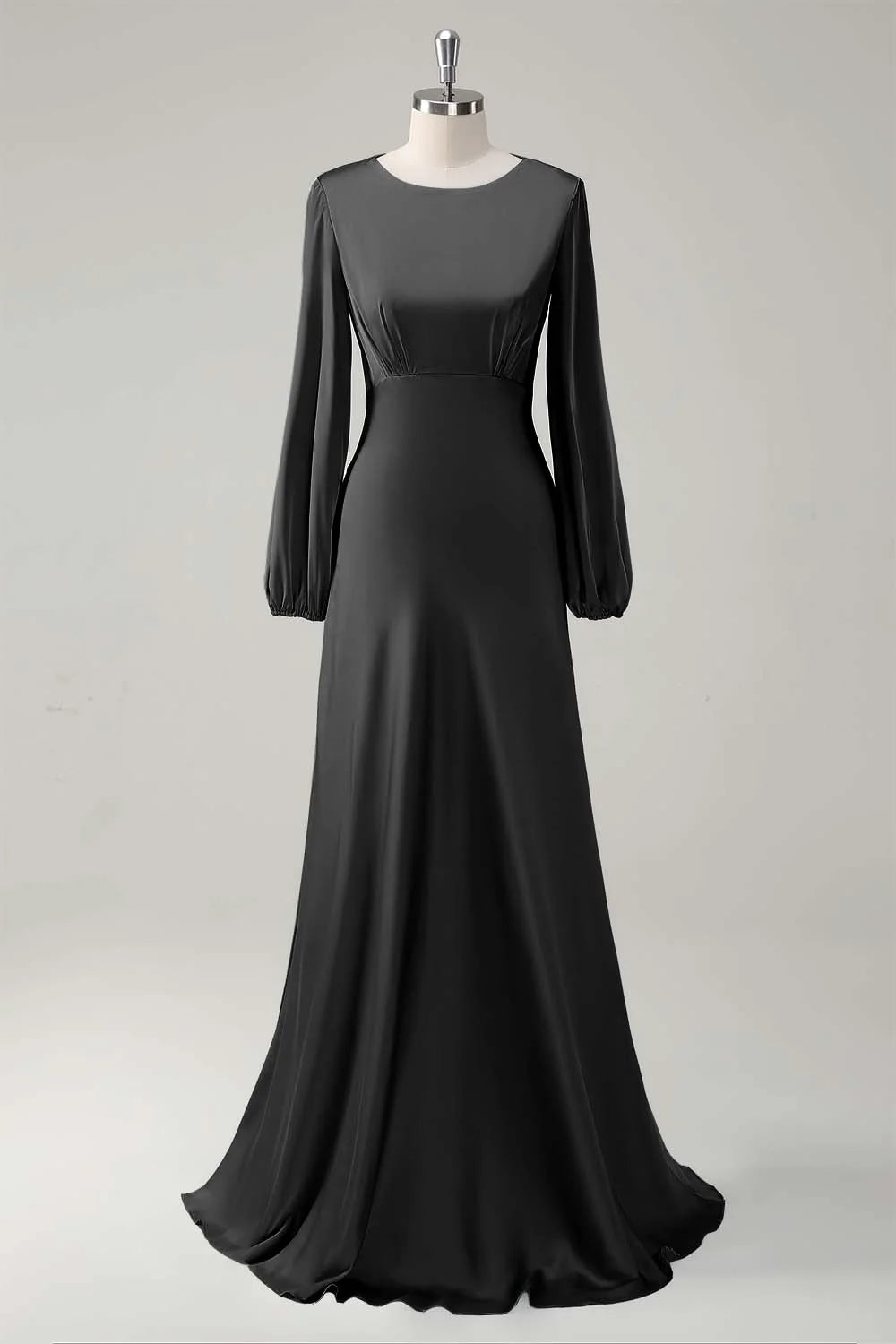 Agave A Line Round Neck Satin Long Bridesmaid Dress with Long Sleeves
